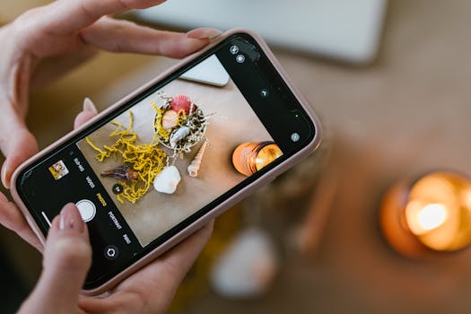 Close-up of hands using smartphone to photograph seashells and candles.